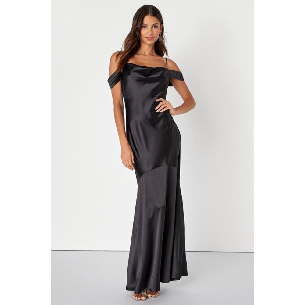 Lulus Regal Essence Black Satin Cowl Neck Cold-shoulder Maxi Dress - Size XL